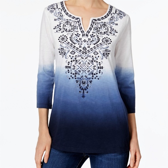 JM Collection Tops - JM Collection Tunic Dip-Dyed Embroidered Boho XXL